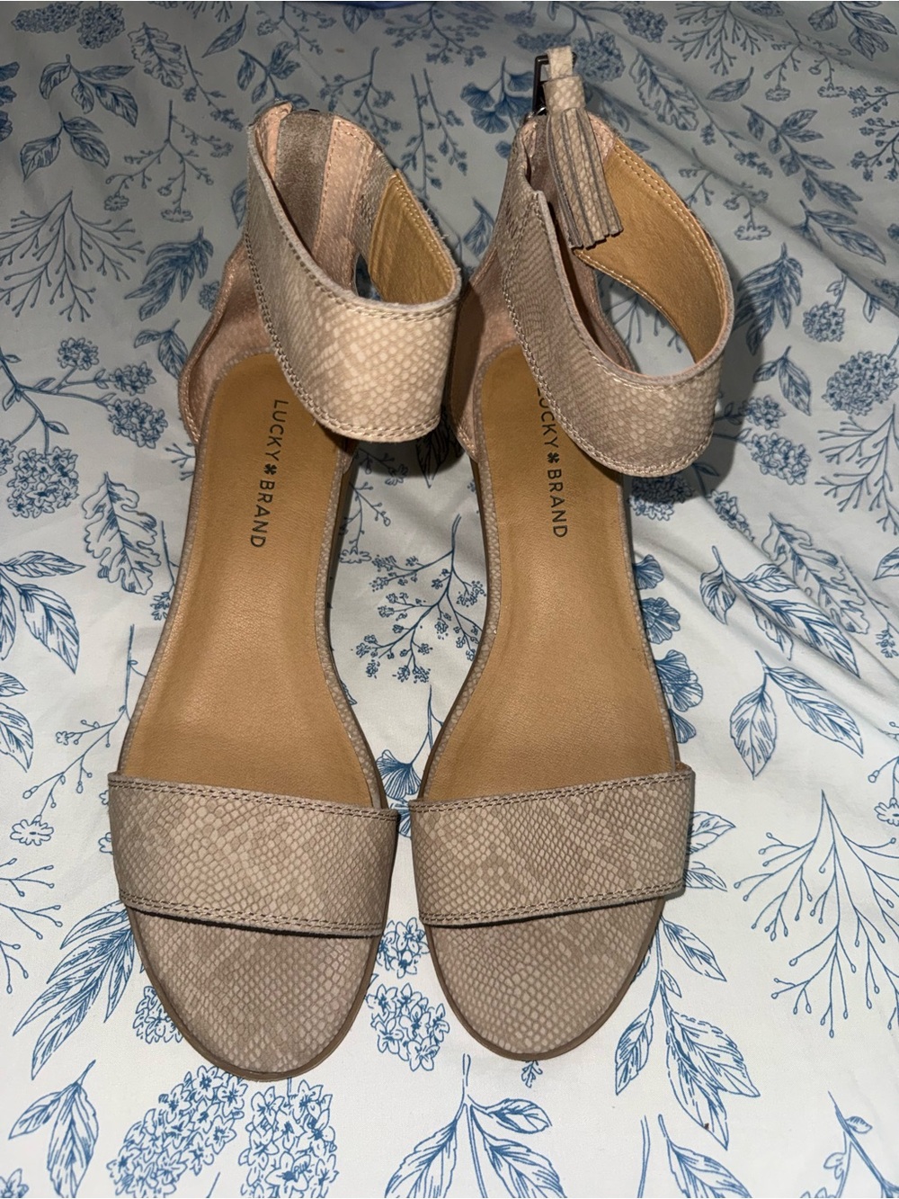 Lucky Brand Taupe Textured Ankle-Strap Heels